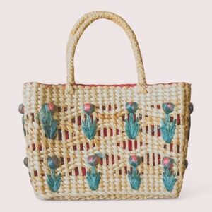 Y2K Bohemian‎ Tulip Hand Woven Mini Straw Basket Box Lined Satchel Small Tote